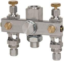 LDI Industries - 5/8-18 Outlet Thread, 1/4 Inlet Thread, Aluminum, Straight Valve, Oil Reservoir Needle Valve Manifold - 2 Outlet, 4-3/16" Wide, NPTF Inlet Thread, UNF Outlet Thread - USA Tool & Supply