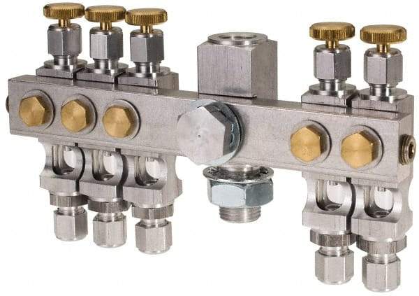 LDI Industries - 5/8-18 Outlet Thread, 1/4 Inlet Thread, Aluminum, Straight Valve, Oil Reservoir Needle Valve Manifold - 5 Outlet, 6-7/16" Wide, NPTF Inlet Thread, UNF Outlet Thread - USA Tool & Supply