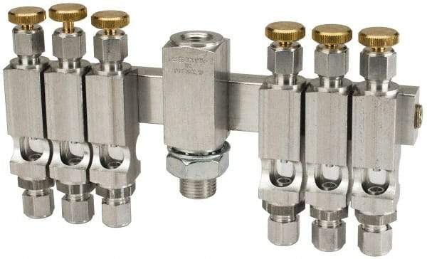 LDI Industries - 5/8-18 Outlet Thread, 1/4 Inlet Thread, Aluminum, Straight Valve, Oil Reservoir Needle Valve Manifold - 6 Outlet, 7-3/16" Wide, NPTF Inlet Thread, UNF Outlet Thread - USA Tool & Supply