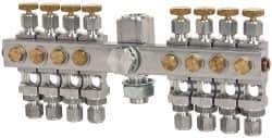 LDI Industries - 5/8-18 Outlet Thread, 1/4 Inlet Thread, Aluminum, Straight Valve, Oil Reservoir Needle Valve Manifold - 8 Outlet, 8-11/16" Wide, NPTF Inlet Thread, UNF Outlet Thread - USA Tool & Supply