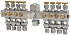 LDI Industries - 5/8-18 Outlet Thread, 1/4 Inlet Thread, Aluminum, Straight Valve, Oil Reservoir Needle Valve Manifold - 8 Outlet, 8-11/16" Wide, NPTF Inlet Thread, UNF Outlet Thread - USA Tool & Supply