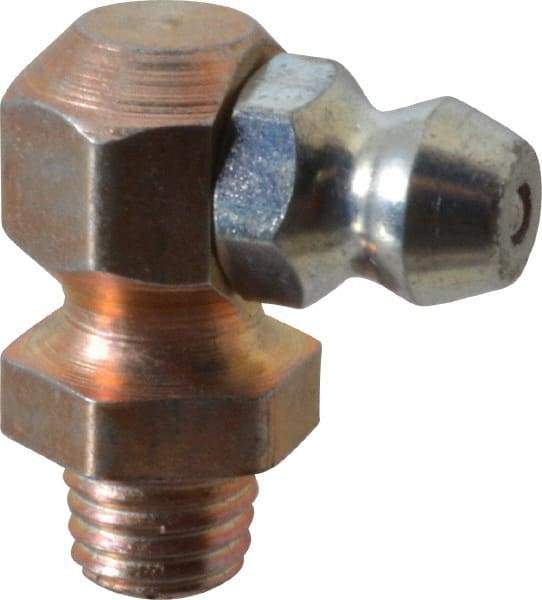 Alemite - 90° Head Angle, 1/4-28 Taper Nickel/Copper Thread-Forming Grease Fitting - 3/8" Hex, 3/4" Overall Height, Zinc Plated Finish - USA Tool & Supply