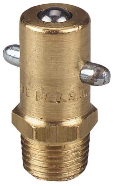 Alemite - Straight Head Angle, 1/8 PTF Brass Pin-Style Grease Fitting - 7/16" Hex, 31/32" Overall Height, 17/64" Shank Length, 3,000 Operating psi, Zinc Plated Finish - USA Tool & Supply