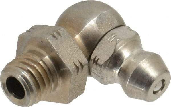 Alemite - 90° Head Angle, 1/4-28 Taper Stainless Steel Standard Grease Fitting - 3/8" Hex, 3/4" Overall Height, 13/64" Shank Length - USA Tool & Supply