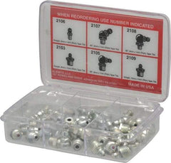 Alemite - 44 Piece, Metric, Box Grease Fitting Set - Includes Metric Thread Types, Includes M10x1: (10) Straight, M6x1: (10) Straight, (6) 45°, (6) 90°, M8x1: (6) Straight, (6) 90° - USA Tool & Supply