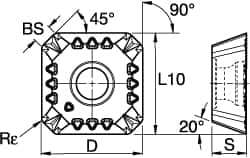 Kennametal - SEPT443 GB2 Grade KCK15 Carbide Milling Insert - TiN/TiCN/Al2O3 Finish, 3/16" Thick, 14mm Inscribed Circle, 1mm Corner Radius - USA Tool & Supply
