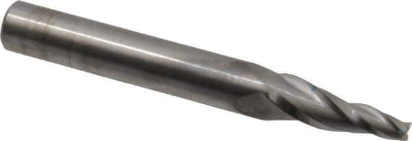 SGS - 7° Taper Angle per Side, 3/16" Small End Diam, 1-1/4" LOC, Solid Carbide 3 Flute Tapered Square End Mill - 4" OAL, 1/2" Shank Diam, Spiral Flute, 28° Helix - USA Tool & Supply