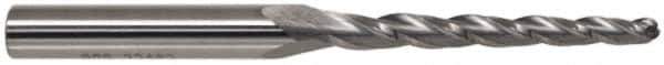 SGS - 7° Taper Angle per Side, 1/8" Small End Diam, 1" LOC, Solid Carbide 3 Flute Tapered Ball End Mill - 3-1/2" OAL, 3/8" Shank Diam, Spiral Flute, 28° Helix - USA Tool & Supply