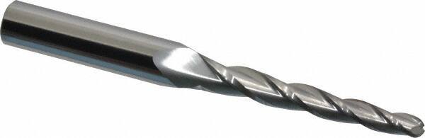 SGS - 1.5° Taper Angle per Side, 3/16" Small End Diam, 1-3/4" LOC, Solid Carbide 3 Flute Tapered Ball End Mill - 3-1/2" OAL, 3/8" Shank Diam, Spiral Flute, 28° Helix - USA Tool & Supply