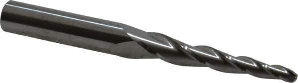 SGS - 3° Taper Angle per Side, 5/32" Small End Diam, 1-3/4" LOC, Solid Carbide 3 Flute Tapered Ball End Mill - 3-1/2" OAL, 3/8" Shank Diam, Spiral Flute, 28° Helix - USA Tool & Supply