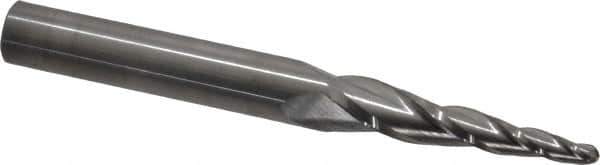 SGS - 5° Taper Angle per Side, 1/8" Small End Diam, 1-1/2" LOC, Solid Carbide 3 Flute Tapered Ball End Mill - 3-1/2" OAL, 3/8" Shank Diam, Spiral Flute, 28° Helix - USA Tool & Supply