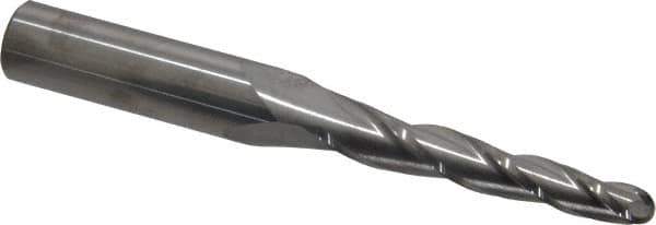 SGS - 2° Taper Angle per Side, 1/4" Small End Diam, 2" LOC, Solid Carbide 3 Flute Tapered Ball End Mill - 4" OAL, 1/2" Shank Diam, Spiral Flute, 28° Helix - USA Tool & Supply