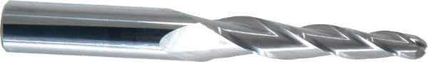 SGS - 3° Taper Angle per Side, 1/4" Small End Diam, 2" LOC, Solid Carbide 3 Flute Tapered Ball End Mill - 4" OAL, 1/2" Shank Diam, Spiral Flute, 28° Helix - USA Tool & Supply