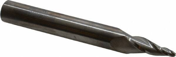 SGS - 10° Taper Angle per Side, 1/8" Small End Diam, 1" LOC, Solid Carbide 3 Flute Tapered Ball End Mill - 4" OAL, 1/2" Shank Diam, Spiral Flute, 28° Helix - USA Tool & Supply
