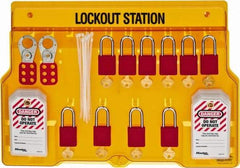 Master Lock - 14 Piece, Equipped Polycarbonate Padlock Station - 22 Inch Wide x 15-1/2 Inch High x 1-3/4 Inch Deep, Black on Yellow, Covered - USA Tool & Supply