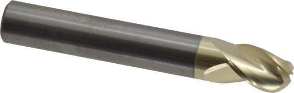 Accupro - 3/8" Diam, 1/2" LOC, 3 Flute Solid Carbide Ball End Mill - ZrN Finish, Single End, 2-1/2" OAL, 3/8" Shank Diam, Spiral Flute - USA Tool & Supply