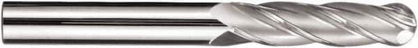 SGS - 1" Diam, 2-1/4" LOC, 4 Flute Solid Carbide Ball End Mill - TiN Finish, Single End, 5" OAL, 1" Shank Diam, Spiral Flute - USA Tool & Supply