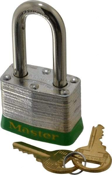 Master Lock - Keyed Different Retaining Key Conductive Lockout Padlock - 1-1/2" Shackle Clearance, 9/32" Shackle Diam, 1-1/4" Body Height x 1-9/16" Body Width, Green, 4 Pins - USA Tool & Supply