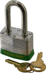 Master Lock - Keyed Different Retaining Key Conductive Lockout Padlock - 1-1/2" Shackle Clearance, 9/32" Shackle Diam, 1-1/4" Body Height x 1-9/16" Body Width, Green, 4 Pins - USA Tool & Supply