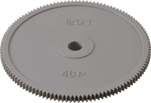 Made in USA - 48 Pitch, 2-1/2" Pitch Diam, 2.542" OD, 120 Tooth Spur Gear - 1/8" Face Width, 1/4" Bore Diam, 39/64" Hub Diam, 20° Pressure Angle, Acetal - USA Tool & Supply