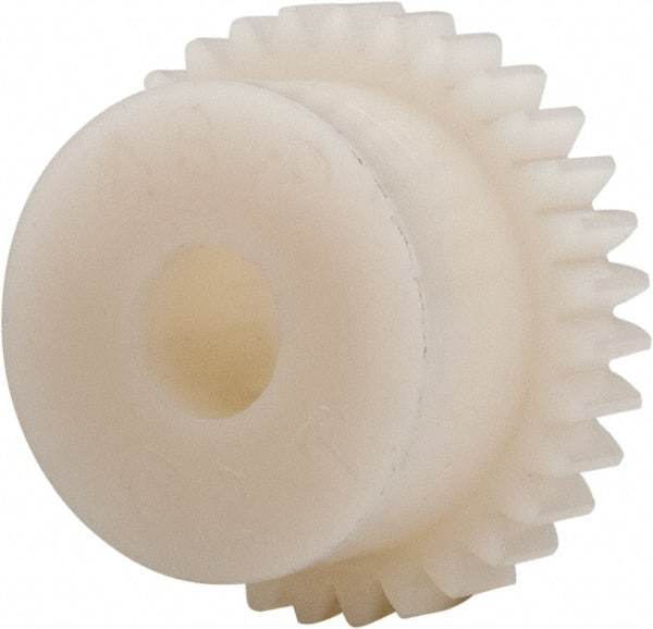 Made in USA - 48 Pitch, 0.667" Pitch Diam, 0.708" OD, 32 Tooth Spur Gear - 1/8" Face Width, 3/16" Bore Diam, 35/64" Hub Diam, 20° Pressure Angle, Acetal - USA Tool & Supply