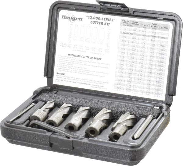 Hougen - 8 Piece, 9/16 to 1-1/16" Cutter Diam, 1" Cutting Depth, High Speed Steel Annular Cutter Set - Bright Finish, 3/4" Shank Diam, 9/16, 11/16, 13/16, 15/16, 1-1/16" Cutter Diams, 2 Flats on Shank - USA Tool & Supply