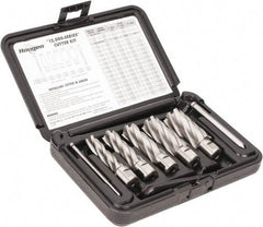 Hougen - 8 Piece, 9/16 to 1-1/16" Cutter Diam, 2" Cutting Depth, High Speed Steel Annular Cutter Set - Bright Finish, 3/4" Shank Diam, 9/16, 11/16, 13/16, 15/16, 1-1/16" Cutter Diams, 2 Flats on Shank - USA Tool & Supply