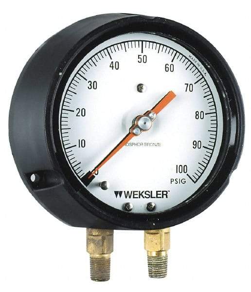 Weksler Instruments - 4-1/2" Dial, 1/4 Thread, 0-1,000 Scale Range, Pressure Gauge - Lower Connection, Rear Flange Connection Mount - USA Tool & Supply