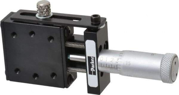 Parker - 6 Lb. Capacity, 4-40 Mount Hole, 1/2" Travel, Precision Ball Bearing Table with Center Drive - Single Axis, 6 Mounting Holes, 1-1/4" Long x 1-1/4" Wide x 1/2" High - USA Tool & Supply