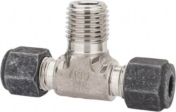 Parker - 1/4" OD, Stainless Steel Male Branch Tee - 9/16" Hex, Comp x Comp x MNPT Ends - USA Tool & Supply