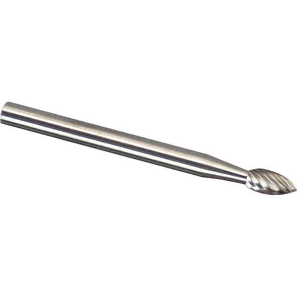 Made in USA - 1/8" Cut Diam, 1/8" Shank Diam, Tree Head Single Cut Burr - Carbide, 1/2" LOC, 3" OAL - USA Tool & Supply