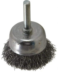 Made in USA - 1-3/4" Diam, 1/4" Shank Crimped Wire Steel Cup Brush - 0.0118" Filament Diam, 3/4" Trim Length, 13,000 Max RPM - USA Tool & Supply