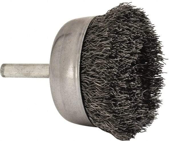 Made in USA - 2-1/4" Diam, 1/4" Shank Crimped Wire Steel Cup Brush - 0.0104" Filament Diam, 5/8" Trim Length, 13,000 Max RPM - USA Tool & Supply