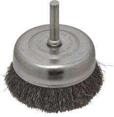 Made in USA - 2-3/4" Diam, 1/4" Shank Crimped Wire Steel Cup Brush - 0.008" Filament Diam, 7/8" Trim Length, 13,000 Max RPM - USA Tool & Supply