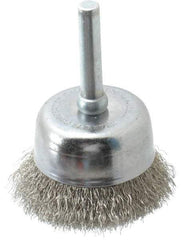 Made in USA - 1-3/4" Diam, 1/4" Shank Crimped Wire Stainless Steel Cup Brush - 0.006" Filament Diam, 3/4" Trim Length, 13,000 Max RPM - USA Tool & Supply