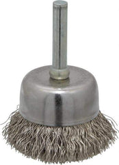 Made in USA - 1-3/4" Diam, 1/4" Shank Crimped Wire Stainless Steel Cup Brush - 0.0118" Filament Diam, 3/4" Trim Length, 13,000 Max RPM - USA Tool & Supply