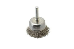 Made in USA - 1-3/4" Diam, 1/4" Shank Crimped Wire Stainless Steel Cup Brush - 0.014" Filament Diam, 3/4" Trim Length, 13,000 Max RPM - USA Tool & Supply