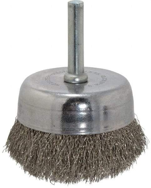 Made in USA - 2-1/4" Diam, 1/4" Shank Crimped Wire Stainless Steel Cup Brush - 0.008" Filament Diam, 5/8" Trim Length, 13,000 Max RPM - USA Tool & Supply