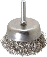 Made in USA - 2-1/4" Diam, 1/4" Shank Crimped Wire Stainless Steel Cup Brush - 0.014" Filament Diam, 5/8" Trim Length, 13,000 Max RPM - USA Tool & Supply