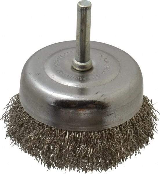 Made in USA - 2-3/4" Diam, 1/4" Shank Crimped Wire Stainless Steel Cup Brush - 0.0118" Filament Diam, 7/8" Trim Length, 13,000 Max RPM - USA Tool & Supply