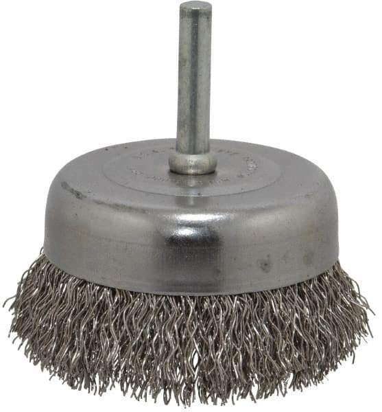 Made in USA - 2-3/4" Diam, 1/4" Shank Crimped Wire Stainless Steel Cup Brush - 0.014" Filament Diam, 7/8" Trim Length, 13,000 Max RPM - USA Tool & Supply