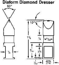 Made in USA - 0.015" Radius Single Point Diaform Diamond Dresser - 1-3/8" Long x 1/4" Shank Diam, 60° Included Angle - USA Tool & Supply