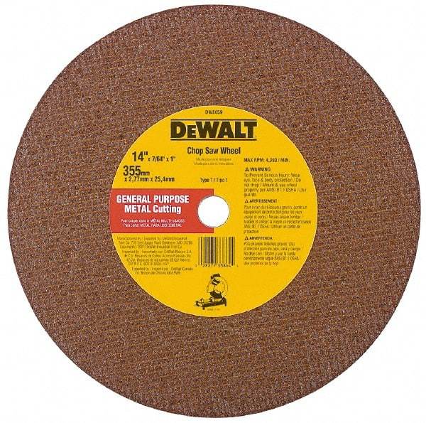 DeWALT - 12" Aluminum Oxide Cutoff Wheel - 7/64" Thick, 1" Arbor, 5,000 Max RPM, Use with Stationary Tools - USA Tool & Supply