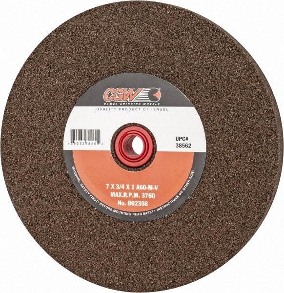 Camel Grinding Wheels - 60 Grit Aluminum Oxide Bench & Pedestal Grinding Wheel - 7" Diam x 1" Hole x 3/4" Thick, 3760 Max RPM, M Hardness, Medium Grade , Vitrified Bond - USA Tool & Supply
