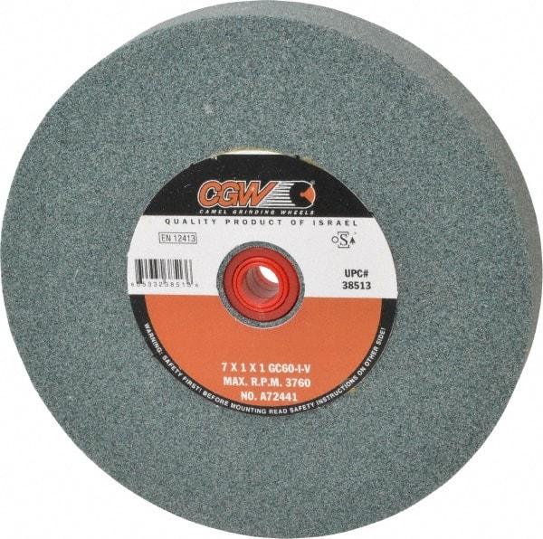 Camel Grinding Wheels - 60 Grit Silicon Carbide Bench & Pedestal Grinding Wheel - 7" Diam x 1" Hole x 1" Thick, 3760 Max RPM, I Hardness, Medium Grade , Vitrified Bond - USA Tool & Supply