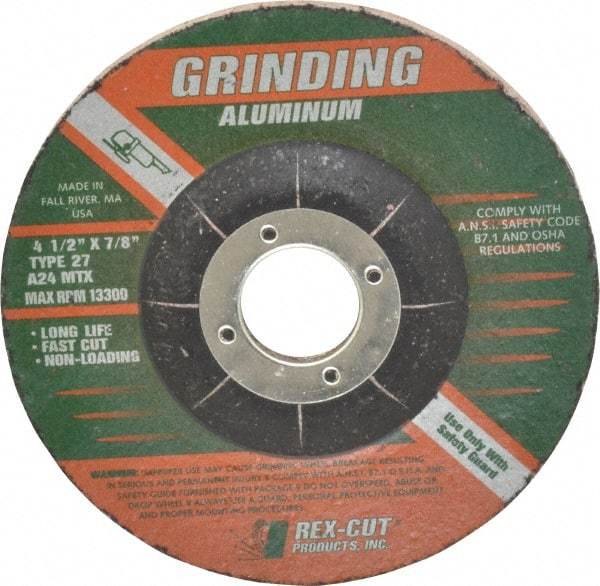 Rex Cut Product - 24 Grit, 4-1/2" Wheel Diam, 1/4" Wheel Thickness, 7/8" Arbor Hole, Type 27 Depressed Center Wheel - Aluminum Oxide, Resinoid Bond, 13,300 Max RPM, Compatible with Angle Grinder - USA Tool & Supply