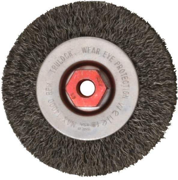 Weiler - 4" OD, M10x1.50 Arbor Hole, Crimped Steel Wheel Brush - 1/2" Face Width, 7/8" Trim Length, 0.014" Filament Diam, 14,000 RPM - USA Tool & Supply