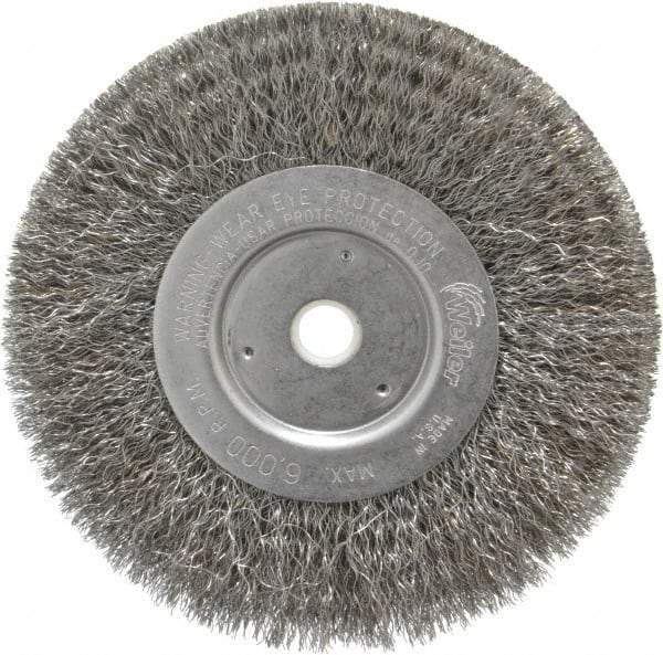 Weiler - 6" OD, 5/8" Arbor Hole, Crimped Steel Wheel Brush - 3/4" Face Width, 1-7/16" Trim Length, 0.0104" Filament Diam, 6,000 RPM - USA Tool & Supply