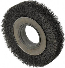 Weiler - 6" OD, 2" Arbor Hole, Crimped Steel Wheel Brush - 1-1/4" Face Width, 1-1/8" Trim Length, 0.0104" Filament Diam, 6,000 RPM - USA Tool & Supply