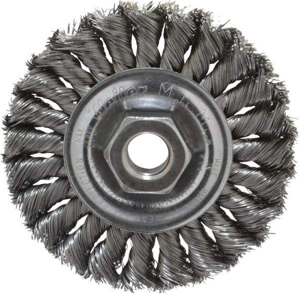 Weiler - 4" OD, 5/8-11 Arbor Hole, Knotted Steel Wheel Brush - 1/2" Face Width, 7/8" Trim Length, 0.014" Filament Diam, 20,000 RPM - USA Tool & Supply